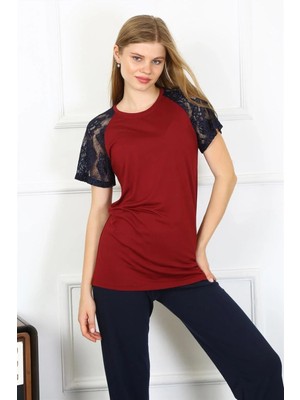 İlkyaz Fashion Kadın Kolu Dantelli Penye Pijama Takım Bordo