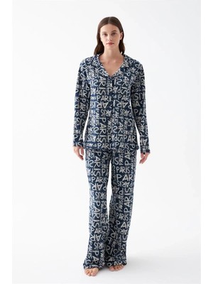 İlkyaz Fashion Kadın Lacivert “paris” Yazı Desenli Düğmeli Pamuklu Pijama Takımı