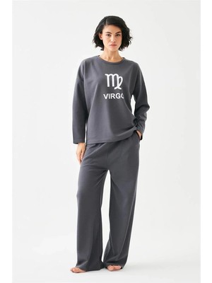 İlkyaz Fashion Kadın Füme Başak Burcu Oversize 2 Iplik Eşofman Ev Giyim Takımı