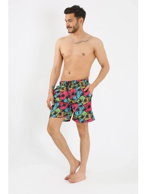 İlkyaz Fashion Erkek Desenli Fermuar Cepli Deniz Şortu Siyah