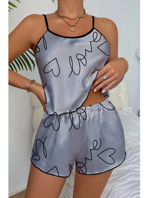 İlkyaz Fashion Love Baskılı Gri Saten Şortlu Gecelik Takım LNRS-BILKYZ34