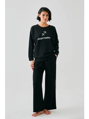 İlkyaz Fashion Kadın Siyah Yay Burcu Oversize 2 Iplik Eşofman Ev Giyim Takımı