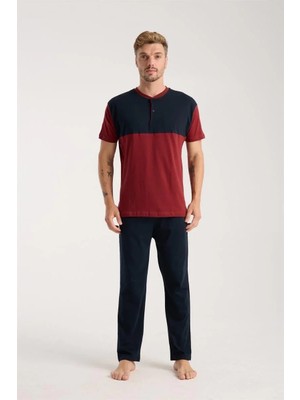 İlkyaz Fashion Erkek Bordo Düğmeli Yaka Kısa Kol Pijama Takımı
