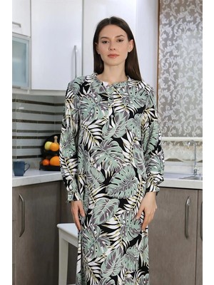 İlkyaz Fashion Kadın Uzun Kol Penye Gecelik Ev Elbisesi Suyeşili