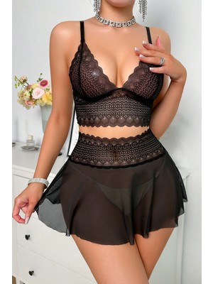 İlkyaz Fashion Kadın Siyah Dantel ve Tül Detaylı Etekli Şık Gecelik Takımı RSIMD-ILKYZ34