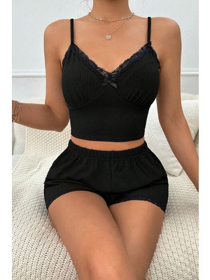 İlkyaz Fashion Kadın Siyah Alt ve Üst Dantel Detaylı Fiyonklu Şortlu Gecelik Takımı RSIMD-ILKYZ34