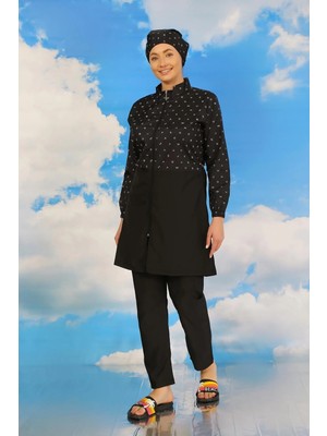 İlkyaz Fashion Kadın Pantolonlu Desenli Tam Tesettür Mayo Siyah