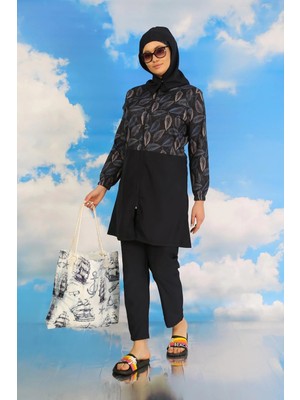 İlkyaz Fashion Kadın Pantolonlu Desenli Tam Tesettür Mayo Lacivert