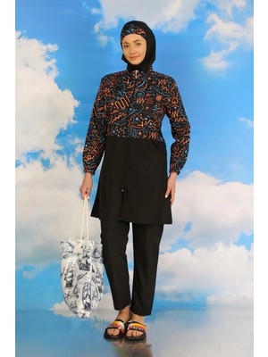 İlkyaz Fashion Kadın Pantolonlu Desenli Tam Tesettür Mayo Siyah