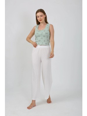 İlkyaz Fashion Kadın Kalın Askılı Body Bol Paça Pantolon 2`li Takım Beyaz