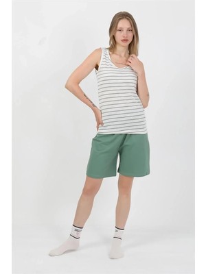 İlkyaz Fashion Kadın Kalın Askılı Pamuk Penye Şortlu Takım Yeşil