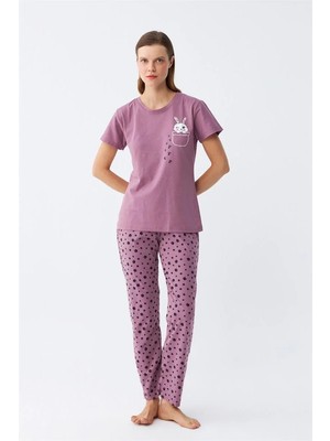İlkyaz Fashion Kadın Mor Patili Tavşan Baskılı Cepli Pijama Takımı