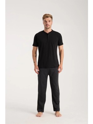 İlkyaz Fashion Erkek Füme Düğmeli Yaka Kısa Kol Pijama Takımı