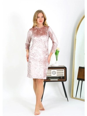 İlkyaz Fashion Kadife Ev Elbisesi Tunik Gecelik Pudra