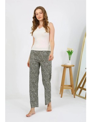 İlkyaz Fashion Kadın Penye Desenli Tek Alt Pijama Haki
