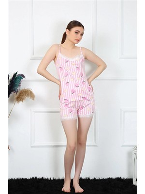 İlkyaz Fashion Kadın Ip Askılı Pembe Şortlu Takım