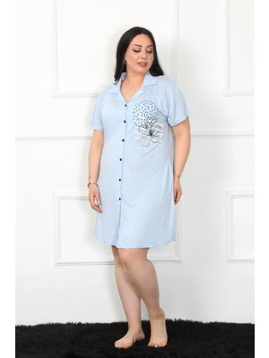 İlkyaz Fashion Büyük Beden Penye Düğmeli Mavi Tunik Gecelik