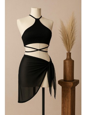 İlkyaz Fashion Kadın Siyah Çapraz Bağlamalı Crop ve Pareo 2'li Set RSIMD-ILKYZ34