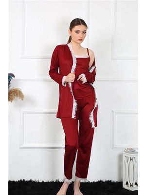 İlkyaz Fashion Kadın 3'lü Bordo Sabahlık Takım