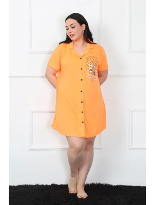 İlkyaz Fashion Büyük Beden Penye Düğmeli Turuncu Tunik Gecelik