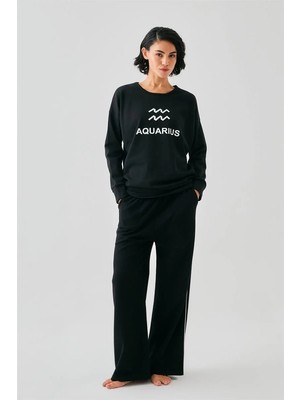 İlkyaz Fashion Kadın Siyah Kova Burcu Oversize 2 Iplik Eşofman Ev Giyim Takımı