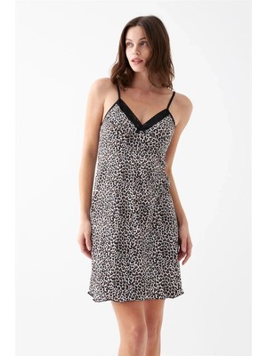 İlkyaz Fashion Kadın Kahve Leopar Desenli Dantel Detaylı Ip Askılı Gecelik