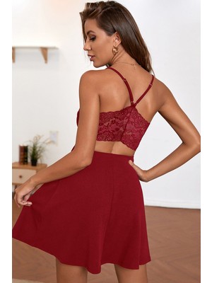 İlkyaz Fashion Kadın Bordo Ip Askılı, Sırtı ve Göğsü Dantel Detaylı Şık Gecelik RSIMD-ILKYZ34