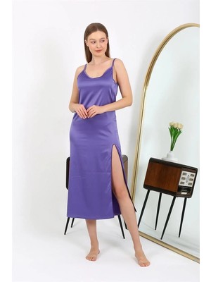 İlkyaz Fashion Yırtmaçlı Uzun Saten Gecelik Mor