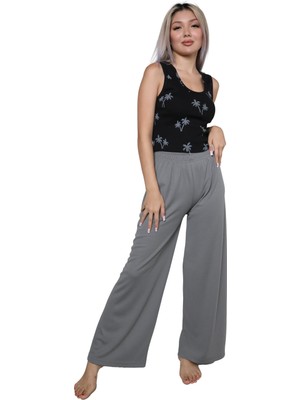 İlkyaz Fashion Kadın Kalın Askılı Body Bol Paça Pantolon 2`li Takım Siyah