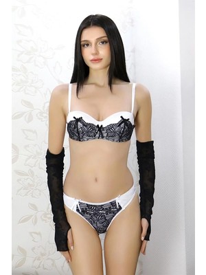 İlkyaz Fashion Kadın Destekli Dantel Detaylı Straplez Sütyen Takım Beyaz