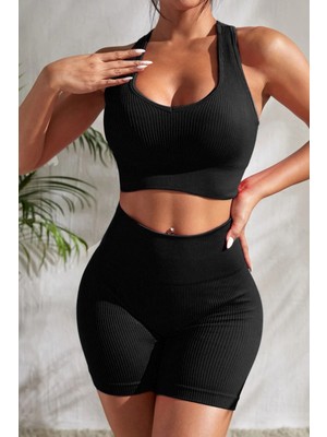 İlkyaz Fashion Kadın Siyah Yüksek Bel Çapraz Sırt Detaylı Şortlu Gecelik Takım RSIMD-ILKYZ34