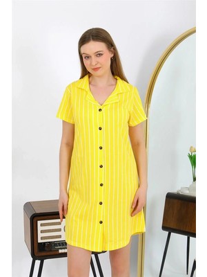 İlkyaz Fashion Kadın Pamuk Penye Kısa Kol Düğmeli Sarı Tunik Gecelik