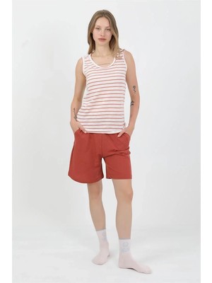 İlkyaz Fashion Kadın Kalın Askılı Pamuk Penye Şortlu Takım Turuncu