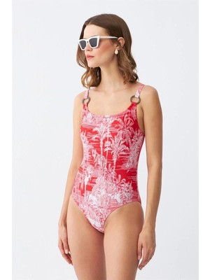 İlkyaz Fashion Kadın Kırmızı Tropikal Desenli Aksesuar Askılı Tek Parça Mayo