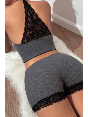 İlkyaz Fashion Kadın Gri Kaşkorse Sırt ve Bacak Kısmı Dantel Detaylı Şortlu Gecelik Takım RSIMD-ILKYZ34