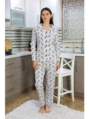 İlkyaz Fashion Kadın Pamuk Penye Önden Düğmeli Uzun Kol Pijama Takım Gri