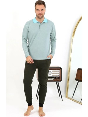 İlkyaz Fashion Erkek Polo Yaka Uzun Kol Penye Pijama Takımı Su Yeşili