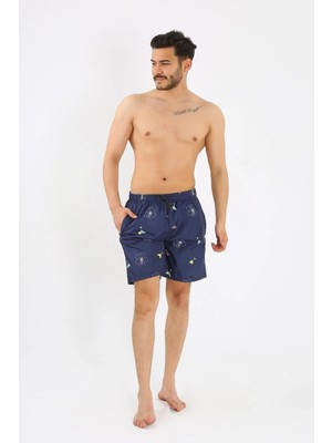 İlkyaz Fashion Erkek Desenli Fermuar Cepli Deniz Şortu Lacivert