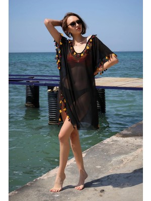 İlkyaz Fashion Kadın Işlemeli Tunik Pareo Plaj Elbisesi Siyah