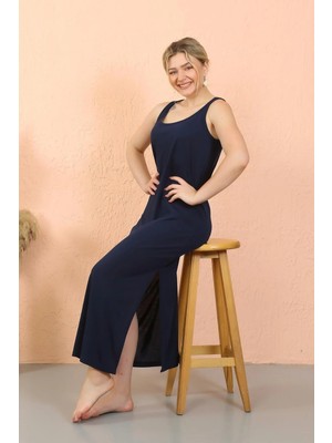 İlkyaz Fashion Kadın Kalın Askılı Yırtmaçlı Uzun Lacivert Gecelik