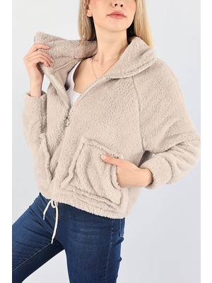 Modeva Global Kadın Bej Fermuarlı Cepli Tedy Peluş Mont