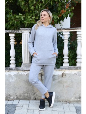 İlkyaz Fashion Kadın Pamuk Kapşonlu Cepli 3 Iplik Gri Eşofman Takım