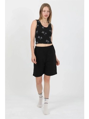 İlkyaz Fashion Kadın Kalın Askılı Pamuk Penye Şortlu Crop Takım Siyah