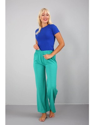 İlkyaz Fashion Bayan Penye Bol Paça Pantolon Yeşil
