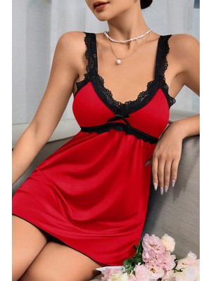 İlkyaz Fashion Kadın Kırmızı Dantel Asılı Fiyonk Detaylı Gecelik Takımı RSIMD-ILKYZ34