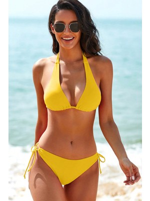 İlkyaz Fashion Kadın Sarı Belden, Boyundan Bağlamalı ve Ayarlanabilir Külotlu Üçgen Bikini Mayo Takımı Rsı