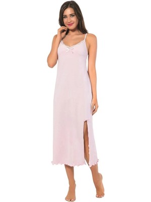 İlkyaz Fashion Bayan Ip Askılı Uzun Gecelik Pembe