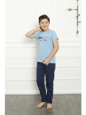 İlkyaz Fashion Erkek Çocuk Pamuk Kısa Kollu Pijama Takımı Mavi