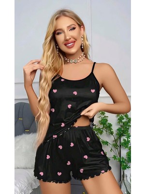 İlkyaz Fashion Kadın Siyah Kalp Desenli Askılı Şortlu Gecelik Takım 5018 RS34LN-ILKYZFS