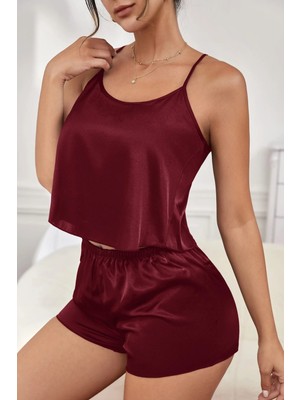 İlkyaz Fashion Kadın Bordo Asimetrik Sırt Dekolte Detaylı Şık Şortlu Gecelik Takım RSIMD-ILKYZ34